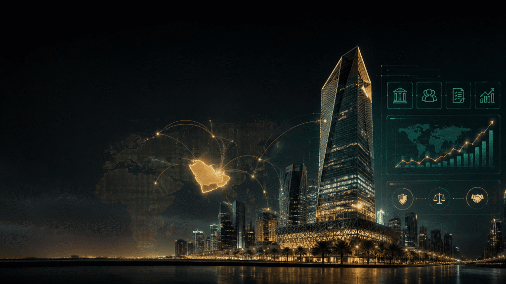 Saudi Arabia RHQ program featured image showing Riyadh financial district and multinational regional headquarters concept